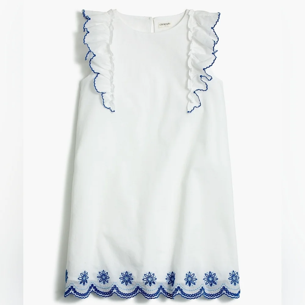 New! Crewcuts Sz 8 Girls White Scalloped Hem Blue Embroidered Shift Dress - Picture 1 of 10